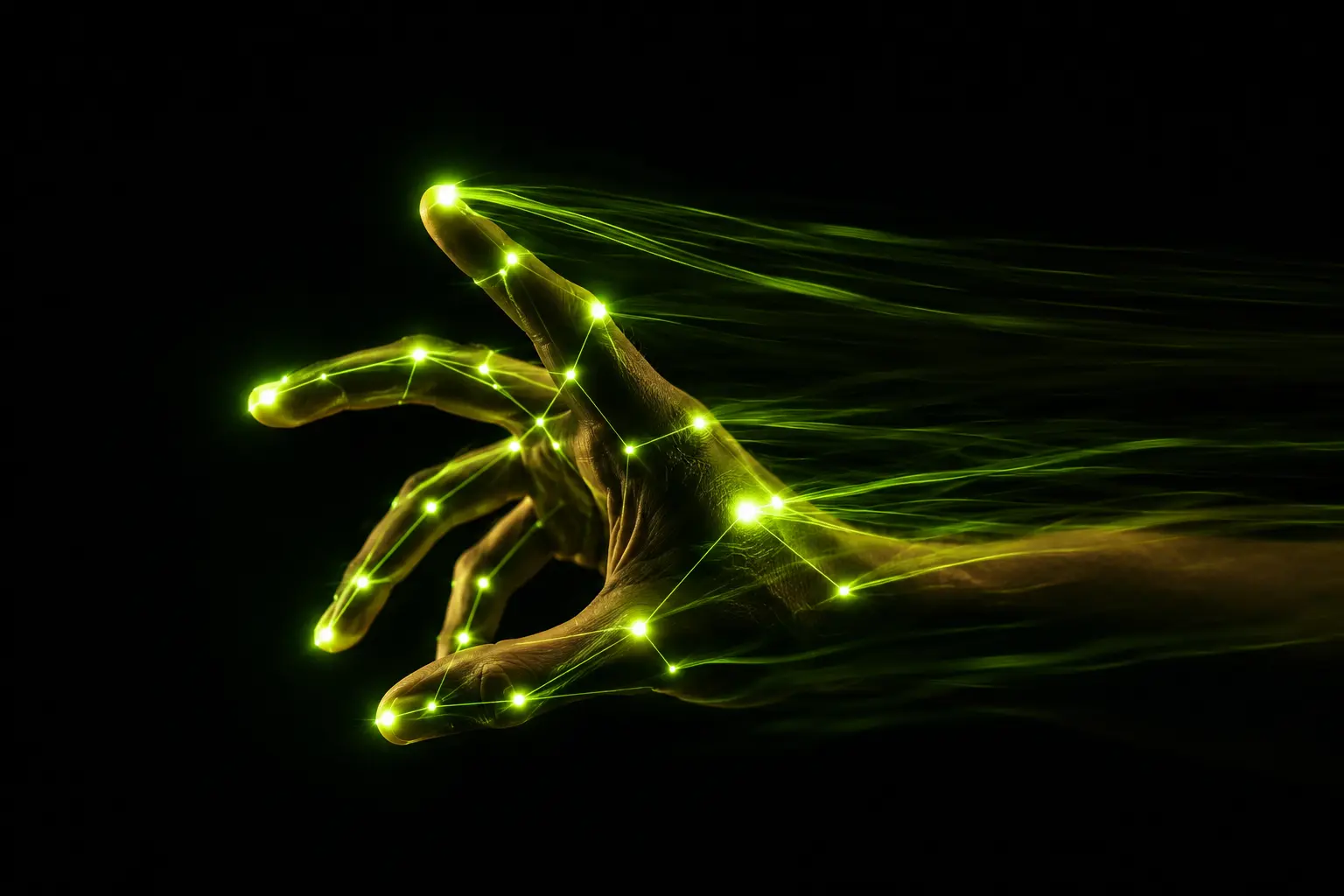 Long-exposure photograph of a hand mid-gesture, tracked landmarks trailing light across a dark frame.