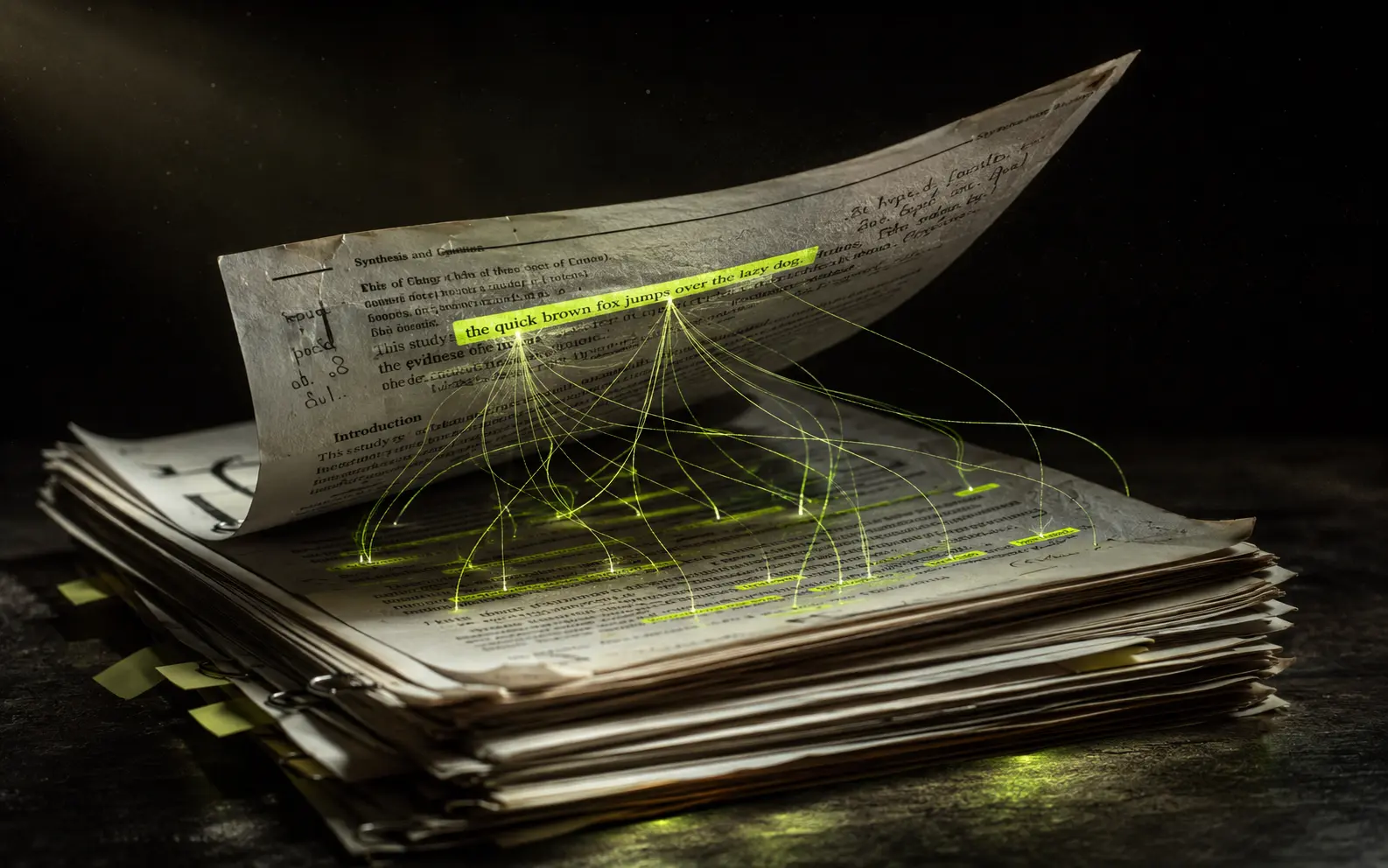 Printed documents on a dark desk with glowing citation lines traced between passages.